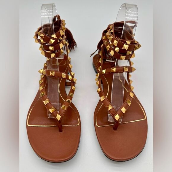 Valentino Garavani Rockstud Thong Sandals Brown Leather Gladiator Tie EU 38 US 8 - Picture 2 of 11